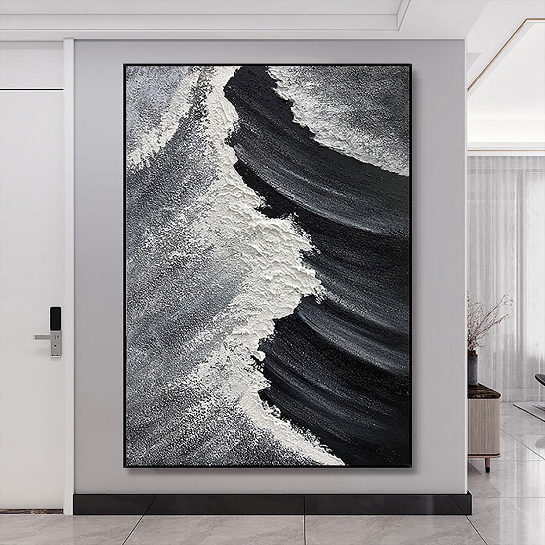 ブラック ホワイト ビーチ ウェーブ サンド 04 壁装飾油絵